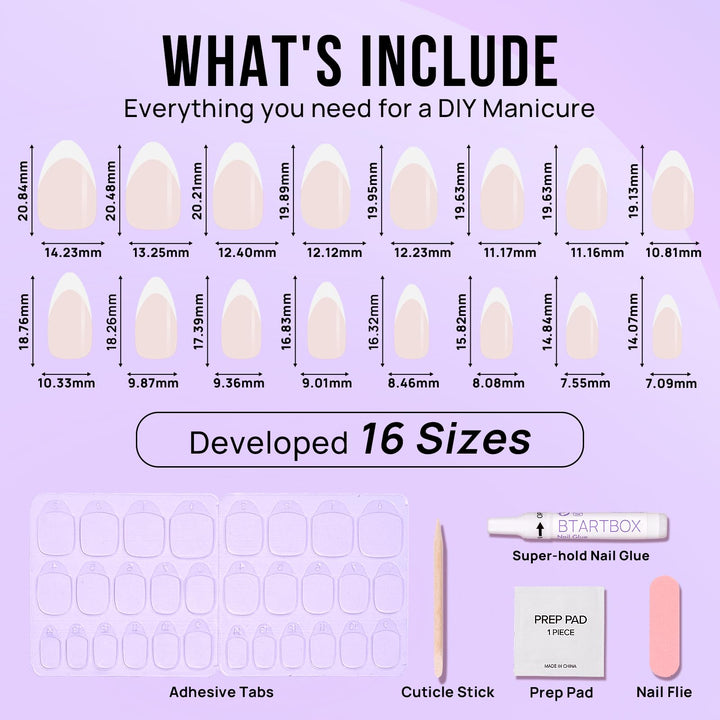 BTArtbox Press On Nails Short - French Tip Press On Nails, Almond Fake Nails White with Nail Glue, Fit Perfectly & Natural Reusable Stick On Nails in 15 Sizes Glue On Nails Kit, White French