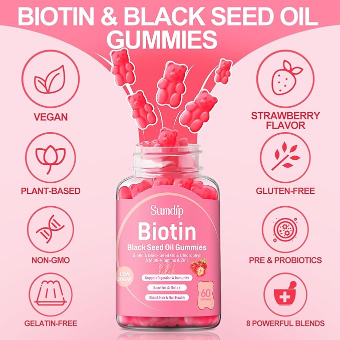 Black Seed Oil Gummies with Biotin, Immune Support Healthy Hair&Skin&Nails for Women and Men, Chlorophyll, Zinc, Vitamin A, B6, B12, C, D, E, Vegan Supplement - 60 Gummies