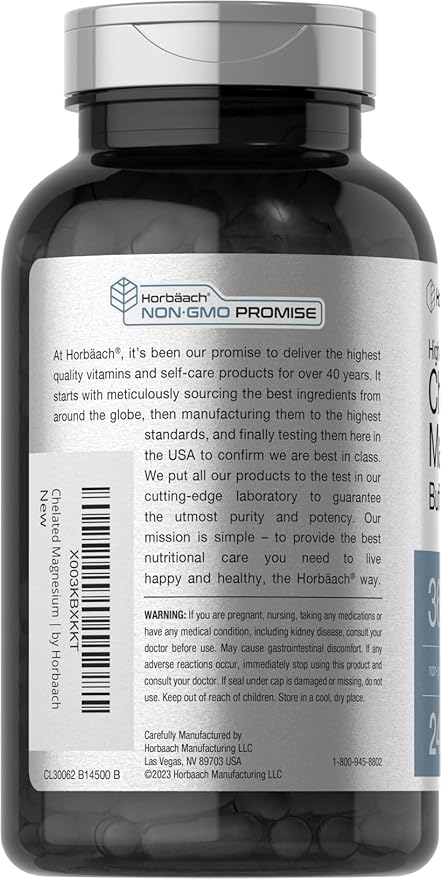 Horbäach Chelated Magnesium | 360mg | 240 Capsules | Non-GMO & Gluten Free Supplement