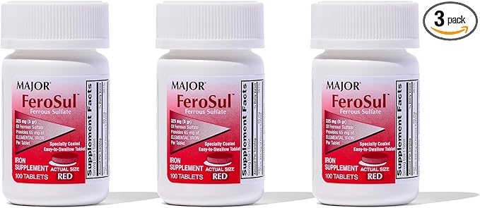 MAJOR Ferosul - Ferrous Sulfate 325mg Tablets with 65mg of Elemental Iron - Iron Supplement for Women, Men - Red - 100 Tablets (3 Pack)