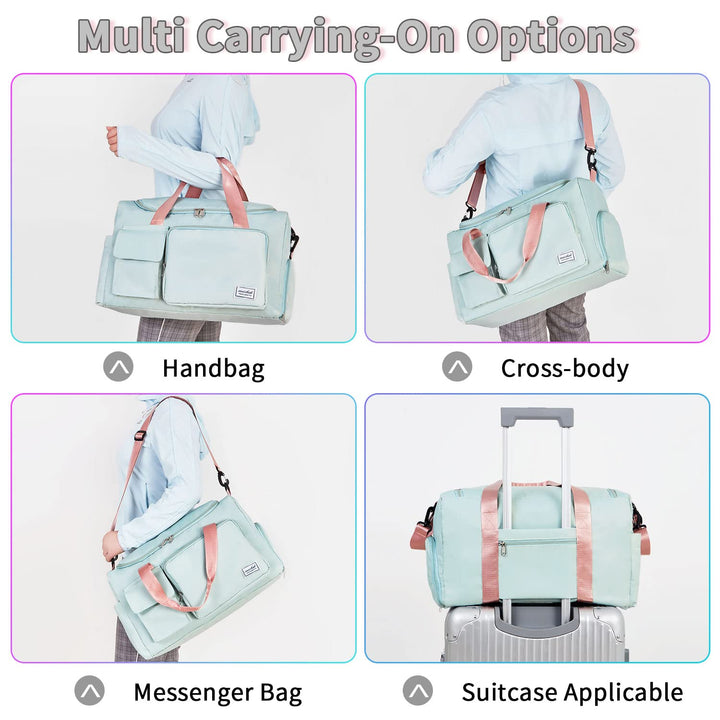 FIORETTO Women's Water-Resistant Gym Duffle Bag with Shoes Compartment, 37L Capacity, Multi-Functional, Ideal for Travel, Gym, Sports, Weekender, Green & Pink