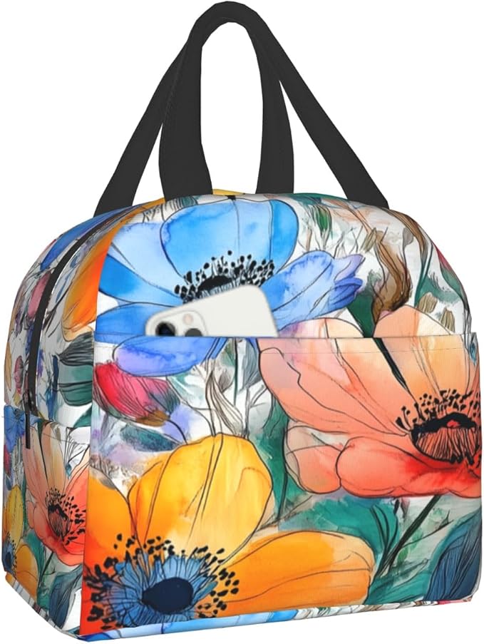 Watercolor Floral Insulated Lunch Box for Women Men， Colorful Leaf Flowers Reusable Lunch Tote Bags Thermal Cooler Lunch Bags for Office School Picnic Hiking