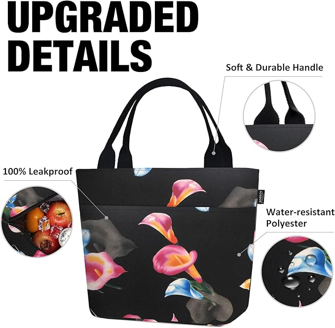 Aosbos Lunch Bags for Adult Lunch Box for Women Reusable Insulated Lunch Box Tote Bag Leakproof Lunch Bags Black Loncheras Para Mujer Lunch Tote Cooler Bag Insulated Bag Lunchboxes, Calla Lily