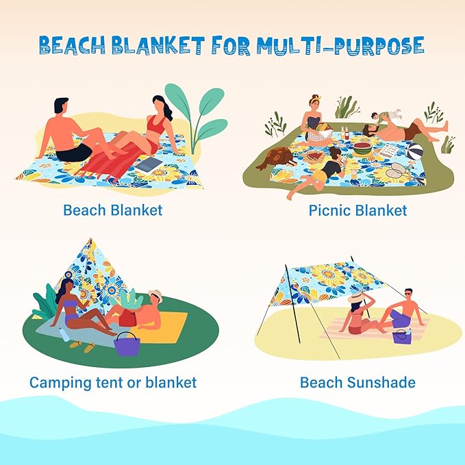 Beach Blanket Waterproof Sandproof 1-7 Adult Oversized 78 '' × 110 '' Lightweight Durable Compact Sand Free Beach Mat for Travel Camping Hiking Picnic Blanket Extra Large