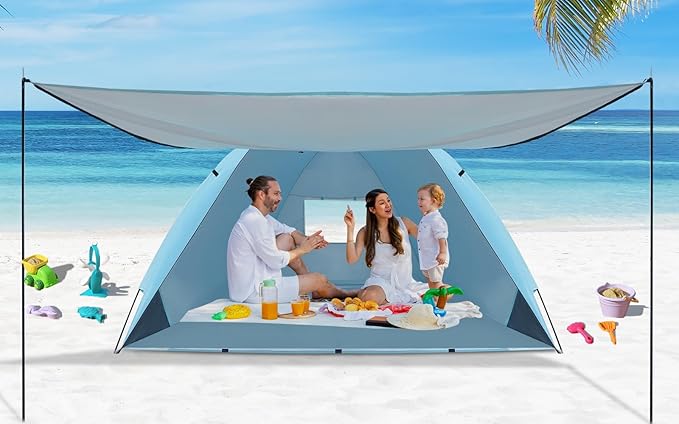 Beach Tent with Canopy, UPF 50+ UV Protection with Silver Coating, Beach Cabana for 4-6 People,Sun Shelter Tent with Ventilation Window & Storage Pockets, Easy to Set up for Family Outdoor use