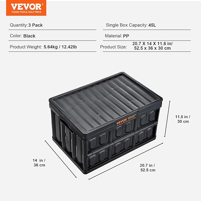 VEVOR 45L Collapsible Storage Bins with Lids 3 Packs, Stackable Utility Crates with Handles, Large Folding Containers for Organizing Tools, Snacks, Books, Food, Drinks, Camping & Transport