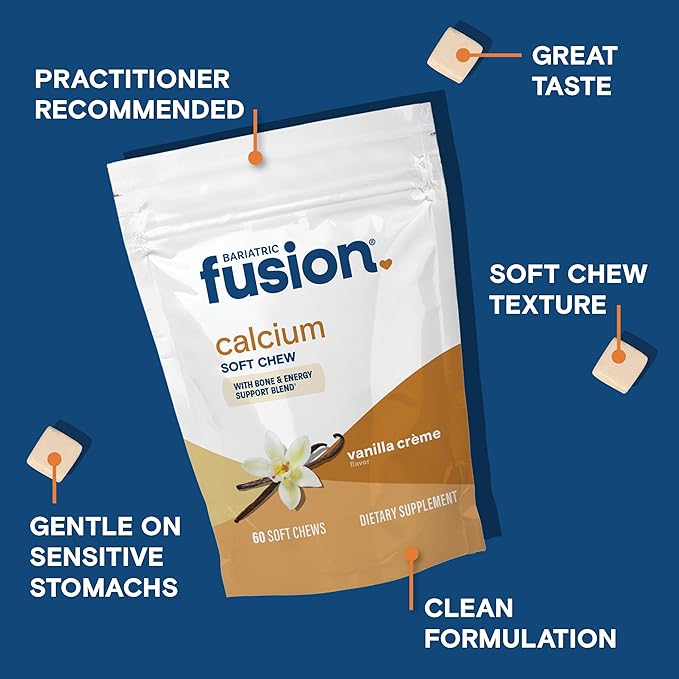 Bariatric Fusion Bariatric Calcium Chews | Calcium Citrate with Vitamin D3 Calcium Supplement Bariatric Vitamin | Sugar Free Calcium Citrate Chewable | Calcium Citrate 500mg | Vanilla | 60 Count