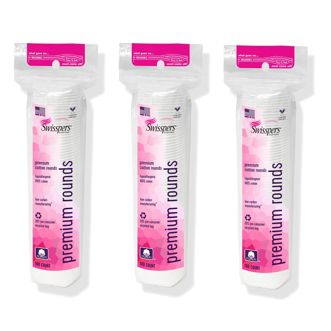 Swisspers Premium Cotton Rounds – 100 Count (Pack of 3) - 100% Pure Cotton - Soft, Absorbent, Hypoallergenic Pads for Makeup Removal, Skincare, Baby Care and Facial Cleansing - Lint Free