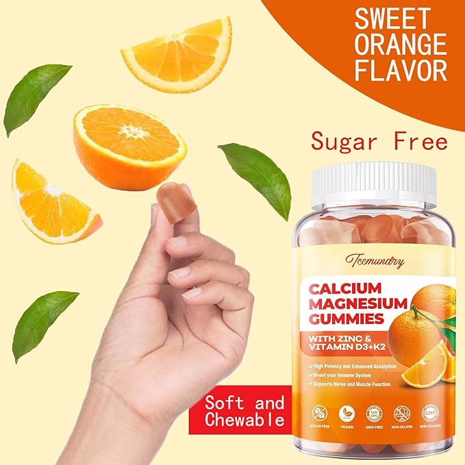 Calcium Magnesium Zinc Gummies with Vitamin D3 & K2 - High Absorption Magnesium Glycinate 400mg - Sugar Free Calcium Supplement - Support Nerve Muscle Mood & Immunity - for Adults Men Women Kids