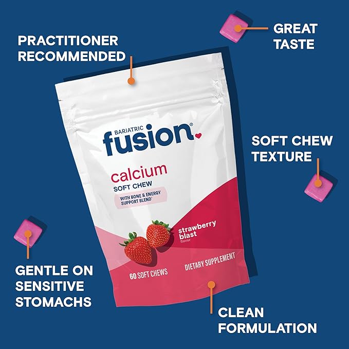 Bariatric Fusion Bariatric Calcium Chews | Calcium Citrate with Vitamin D3 Calcium Supplement Bariatric Vitamin | Sugar Free Calcium Citrate Chewable | Calcium Citrate 500mg | Strawberry | 60 Count
