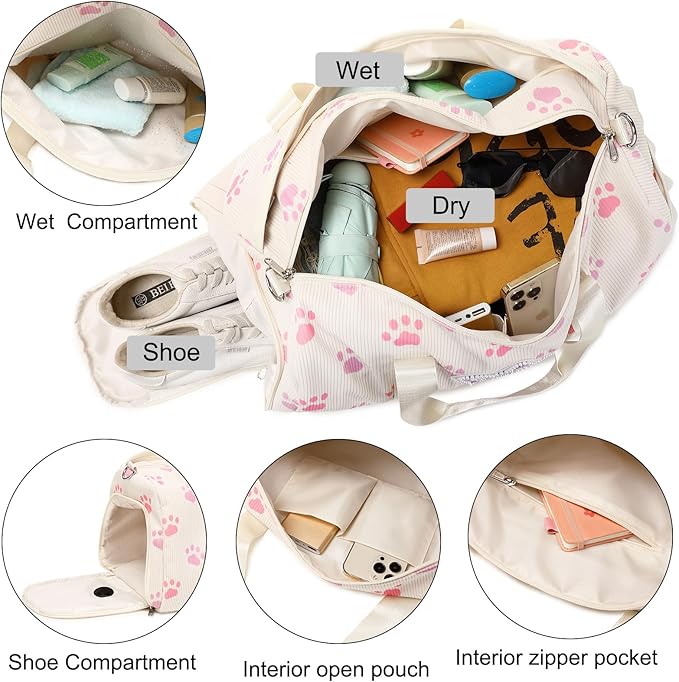 Dance Bag for Girls Sports Duffle Bag Teen Gym Bag Ballet Bag with Separate Dry Wet Pocket and Shoes Compartment Weekender Overnight Bag for Teen Girls Corduroy Sequined Cat（Cat Beige）