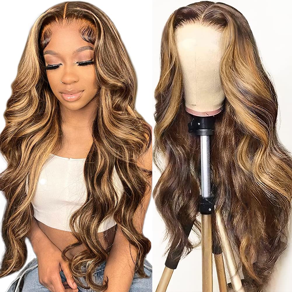 Hedy Highlight Wig Human Hair Wigs For Black Women Pre Plucked With Baby Hair 4/27 Glueless Body Wave Ombre Highlight 4X4 Lace F