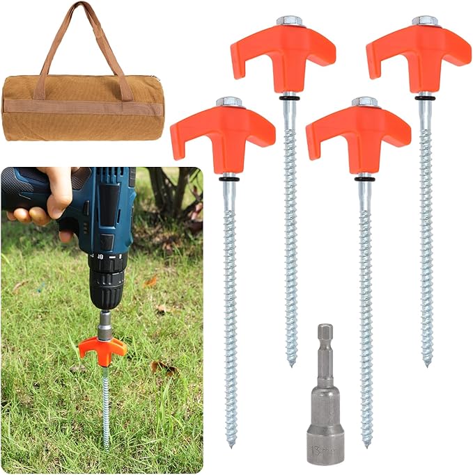 8" Screw in Tent Stakes 8PCS - Ground Anchors Screw in, Screw in Tent Stakes Heavy Duty, Galvanized - Tent Pegs Camping Stakes, Metal Threaded Tent Spikes with Hex Head Driver and Storage Bags (4)