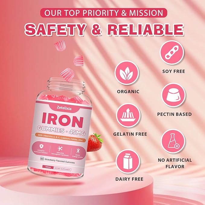 Vegan Iron Supplement Gummies for Women & Men, Anemia, Blood Builder & Energy Support for Iron Deficiency, with Vitamin C, A, B Complex, Folate, CoQ10, Sugar Free, Non-GMO, 60 Count