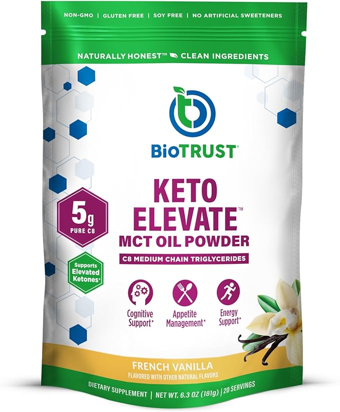 BioTrust Keto Elevate – C8 MCT Oil Powder – Ketogenic MCT Coffee Creamer, Keto Coffee Creamer – Clean Energy, Mental Focus, Clarity –100% Caprylic Acid MCT Powder, Non-GMO(French Vanilla, 20 Servings)