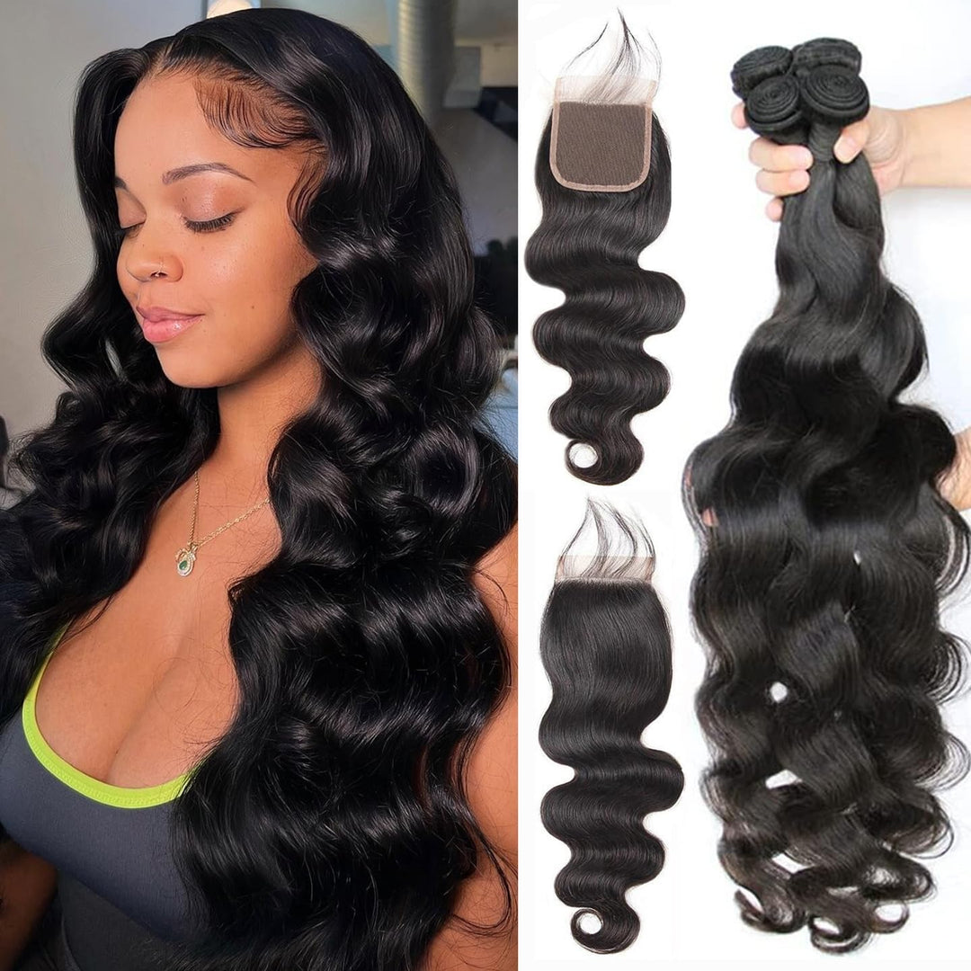 Releek Body Wave 4 Bundles With Closure 100% Unprocessed Brazilian Body Wave Human Hair Weave With 4X4 Free Part Lace Closure Na
