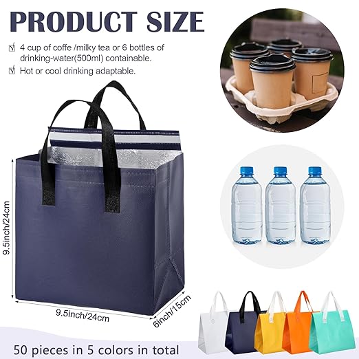 50 Pcs Insulated Take Away Bags Bulk Thermal Insulation Food for Coffee Milk Tea Hot Cold Food Fresh Seafood Cooler Pizza Delivery Bags for Catering Restaurant Grocery (Colorful)