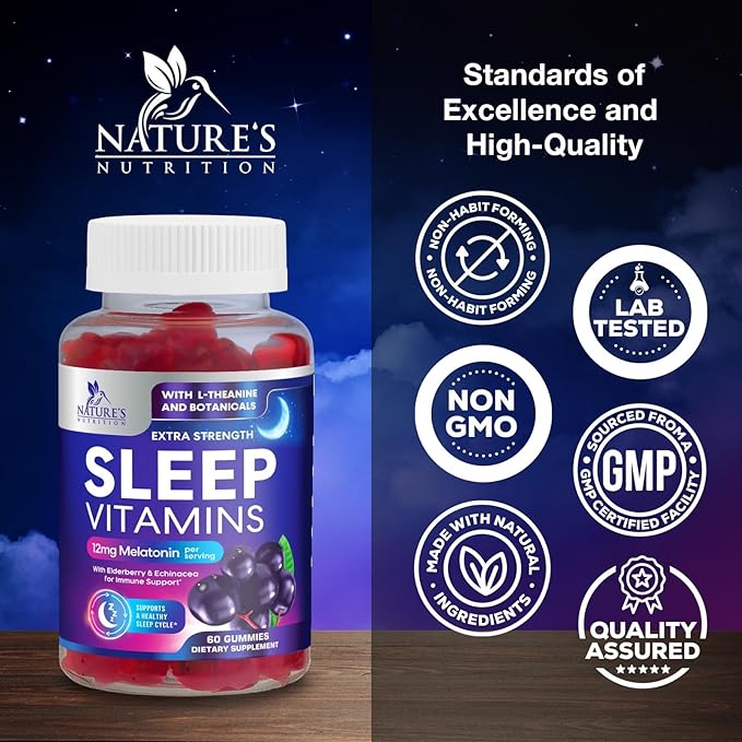 Sleep Gummies - 12mg Melatonin Natural Sleep Vitamin Supplement Formula with L-theanine, Chamomile, & Lemon Balm - Extra Strength Sleep Gummy, Non-Habit Forming Restful Sleep Women & Men - 60 Gummies