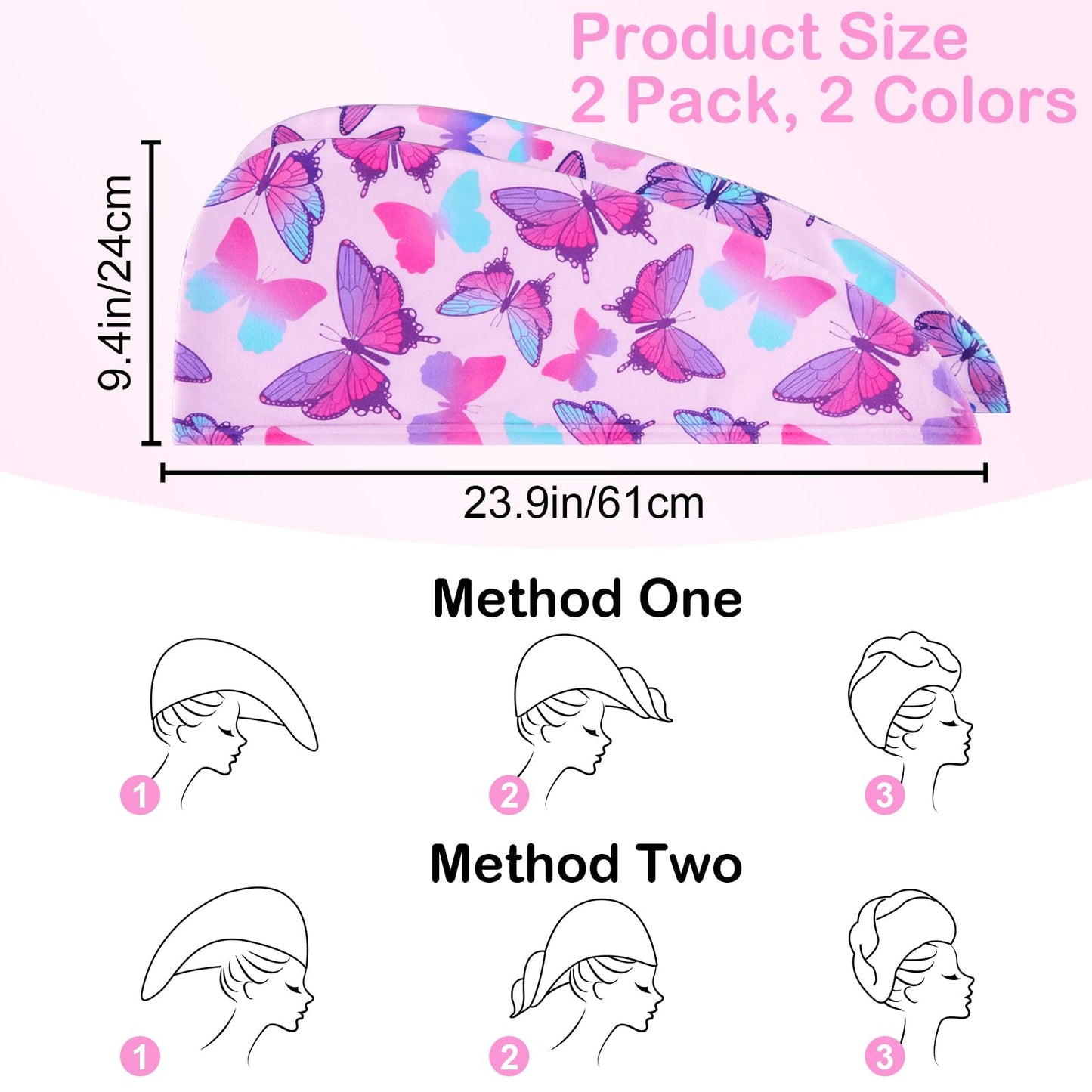 Basumee Microfiber Hair Towel Wrap for Kids 2 Pack - Rapid Drying Turbans With Button for Wet Hair - Head Towel Wrap for Women and Girls, Blue Pink Butterfly