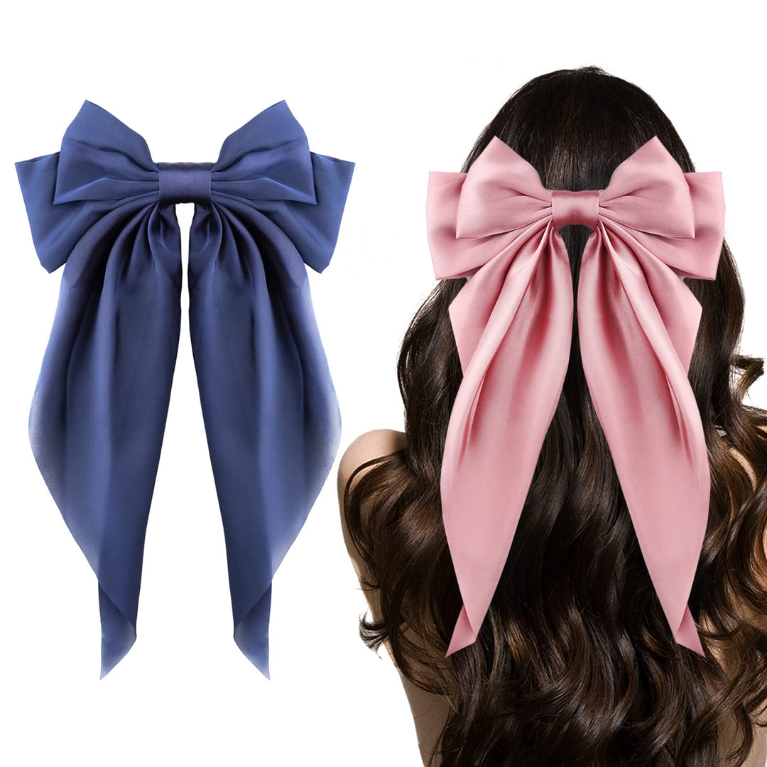 Ambesi Big Bow Hair Clips 2Pcs, Long Tail French Hair Bows For Women Girl, Satin Silky Bow Hair Barrette, Pink Navy Blue Bow Hai