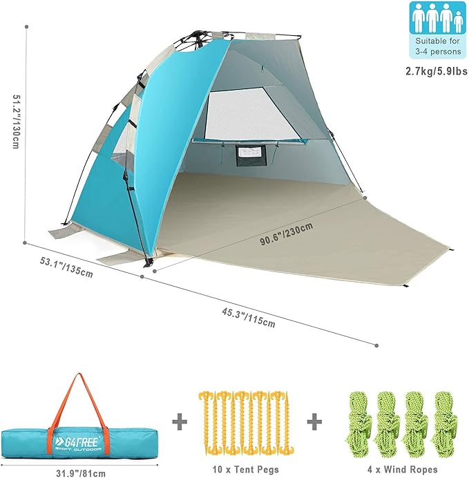 G4Free 3-4 Person Beach Tent Pop Up Shade, Lightweight UPF 50+ Beach Sun Shelter Family Size, Easy Setup and Portable Sun Shade Canopy Cabana(Lake-Blue)