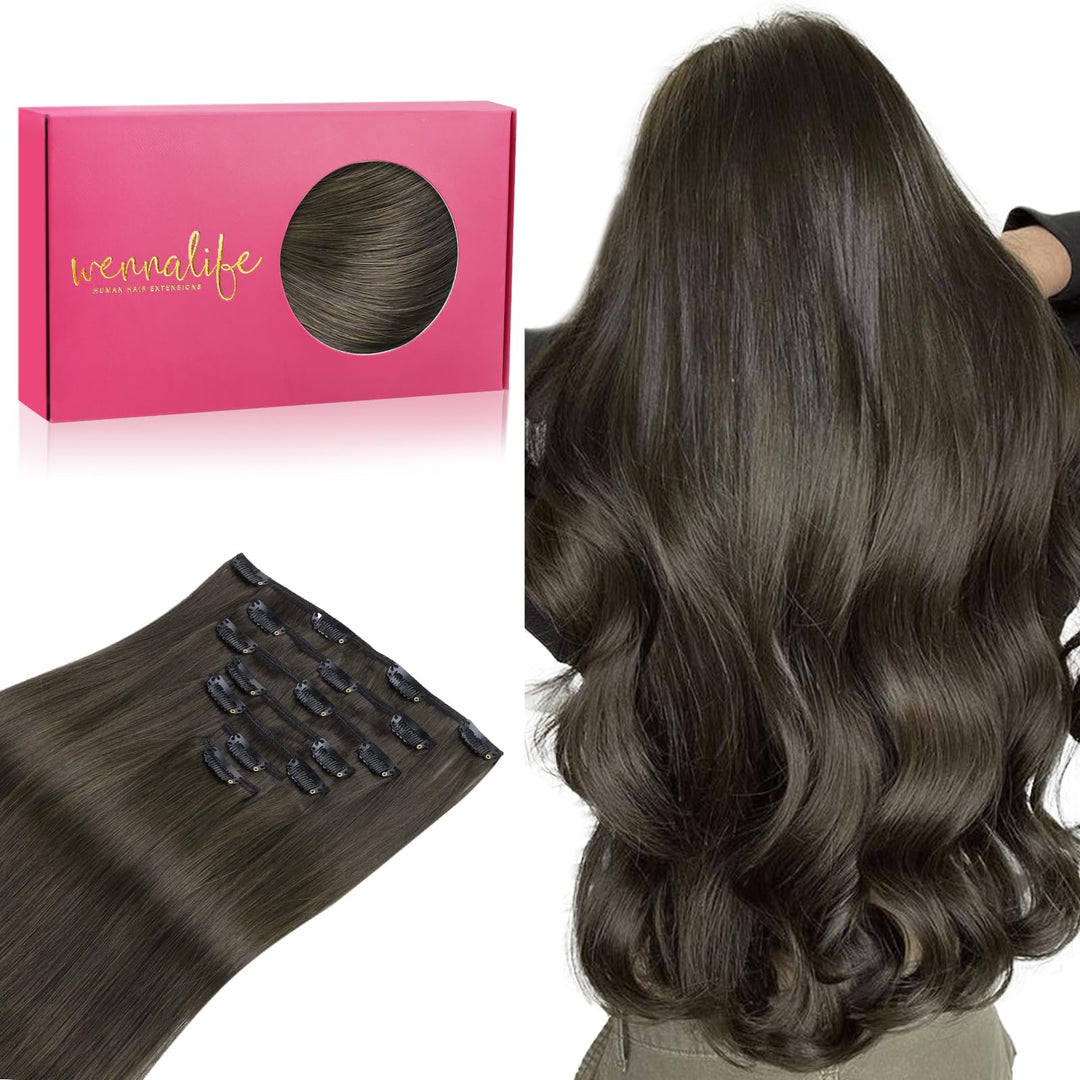 Wennalife Clip In Hair Extensions Real Human Hair, 18 Inch 120G 7Pcs Human Hair Extensions Clip In Human Hair, Cool Dark Brown H