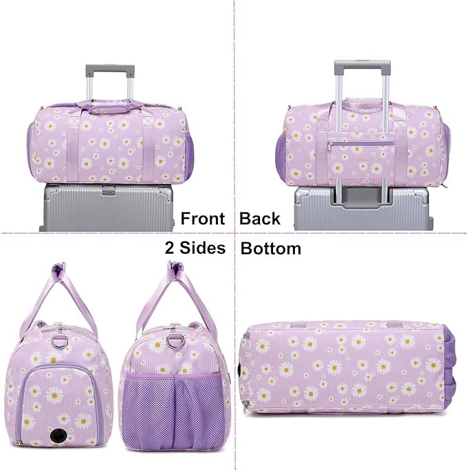 Dance Bag Ballet Bag for Girls Teen Travel Duffel Bags Sports Gym Bag Yoga Bags Cheer Bag Girls Weekender Bag Corduroy Daisy Dance Bag with Shoe Compartments（purple daisy）