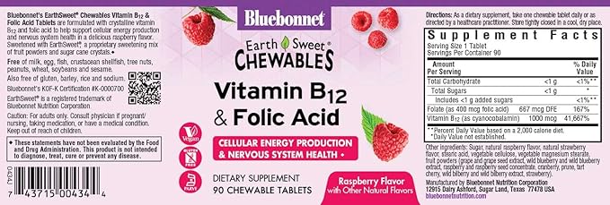 BlueBonnet Nutrition Earth Sweet Vitamin B12 & Folic Acid Chewable Tablets, Soy-Free, Gluten-Free, Raspberry 90 Count (Pack of 1)