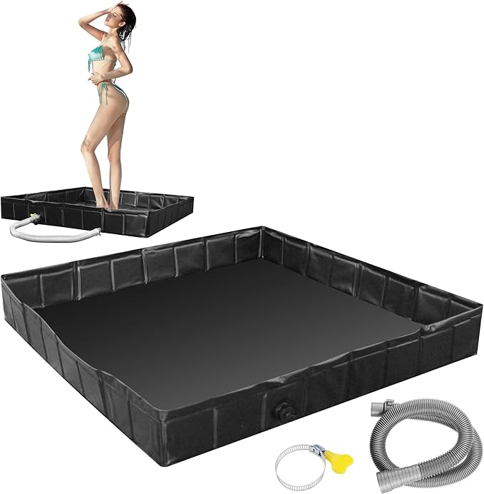 41"x41"x5" Portable Shower Pan Camping Shower Base Collapsible Temporary Shower Stall with Drain Hose Durable Foldable Basin for RV Outdoor Bathing Pets Tent Indoor Outdoor Use