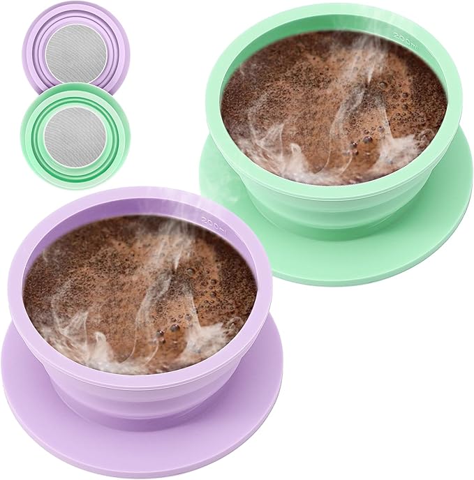 2 Pieces Collapsible Paperless Travel Pour Over Coffee Dripper Kit, Single Cup Travel Pour Over Coffee Maker Camping, Portable Silicone PourOver Coffee Filter Reusable (Purple+Green)