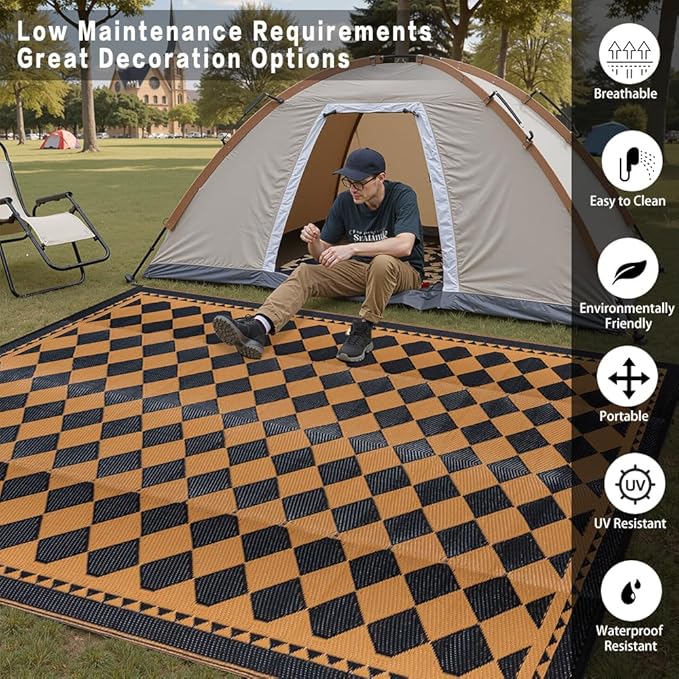 Outdoor Waterproof Rug 6'x9' Plastic Straw Rugs Washable Reversible Floor Mat Brown Plaid Carpet for Camping RV Deck Entryance Porch Picnic Balcony Beach Backyard