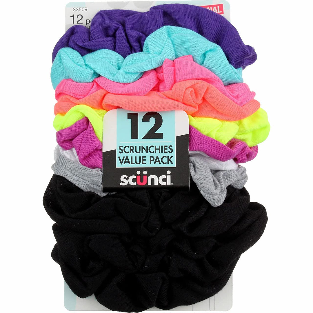 Scunci Value Pack Cotton Elastics Hair Bands Large Scrunchies Hair Accessories For Women Or Girls, 12 Counts