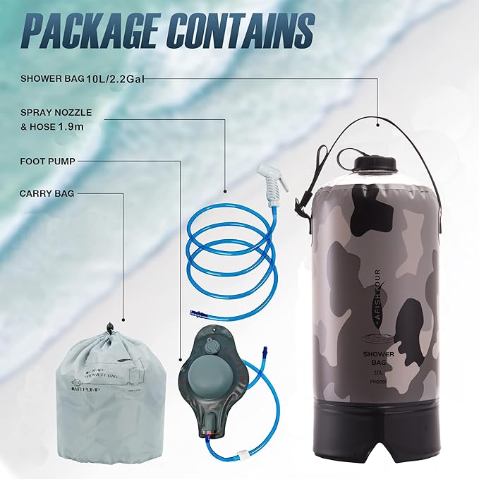 Portable Camping Shower Bag - 10L/2.2 Gallons and 12L/3.17 Gallons Solar Shower Water Bag with Foot Pump, Hose and Shower Head - Camp Shower for