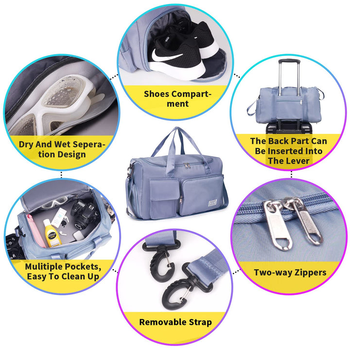 FIORETTO Women's Water-Resistant Gym Duffle Bag with Shoes Compartment, 37L Capacity, Multi-Functional, Ideal for Travel, Gym, Sports, Weekender, Blue