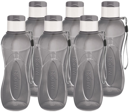 MILTON Water Bottle Kids Reusable Leakproof 12 Oz Plastic Wide Mouth Large Big Drink Bottle BPA & Leak Free with Handle Strap Carrier for Cycling Camping Hiking Gym Yoga (Black 6 pack)