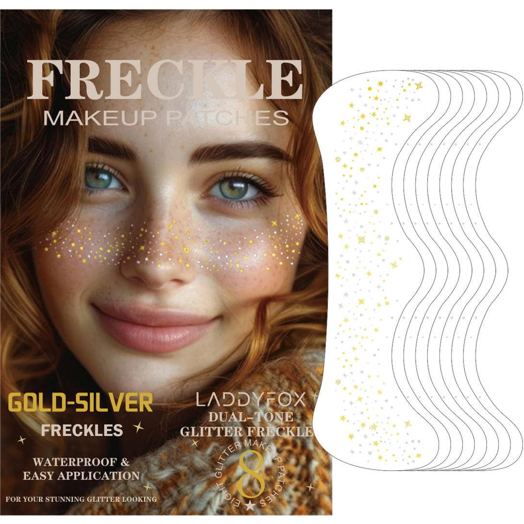 8 Pcs Dual-Tone Face Makeup Patches, Gold-Silver Glitter Freckles, Glitter Freckles Face Tattoo, Waterproof Face Sparkle Freckles, Long-Lasting 48h Freckles for Women (8Pcs Gold-Silver)