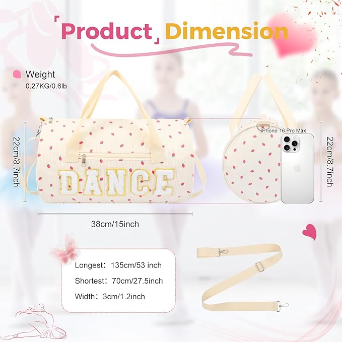 Dance Bag for Girls, KUIRAN 23L Waterproof Travel Duffel Bag with Colorful Chenille Letter, Lightweight Small Gym Sport Ballet Weekender Bag with Large Main Compartment - Strawberry/White