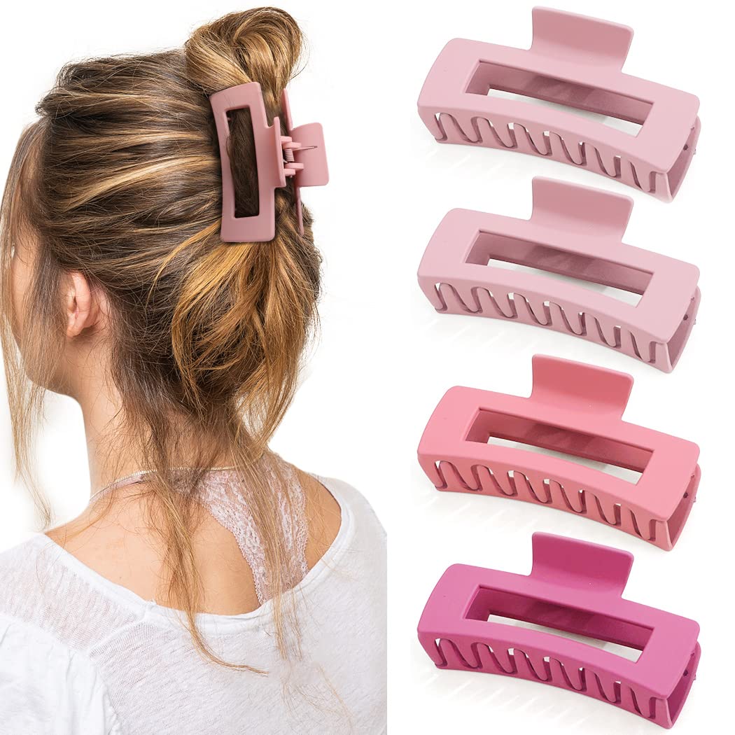 Canitor Pink Hair Clips Set For Women - 4Pcs Matte Rectangular Claw Barrettes, Non-Slip Large Clips For Thick Hair, French Desig