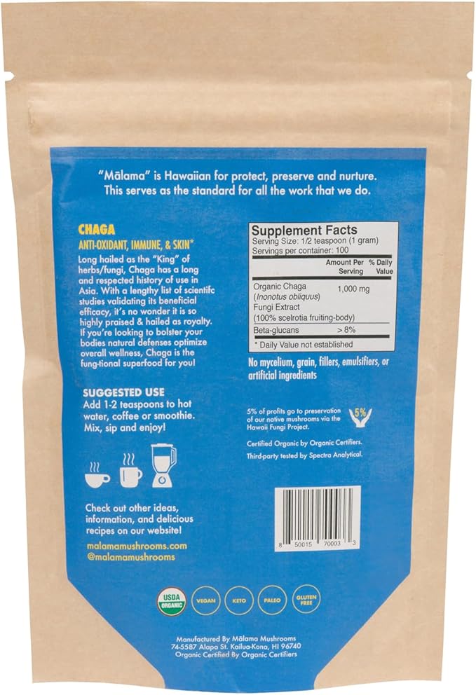 Chaga Extract Powder by Malama, Organic Fruiting Body Chaga Mushroom Powder, Superfood Adaptogenic, Supports Immune System, Skin Health, and Fatigue, 100 Servings