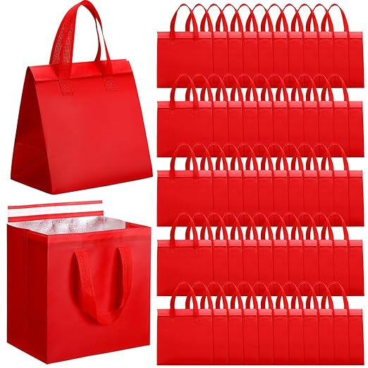 50 Pcs Insulated Take Away Bags Bulk Thermal Insulation Food for Coffee Milk Tea Hot Cold Food Fresh Seafood Cooler Pizza Delivery Bags for Catering Restaurant Grocery (Red)