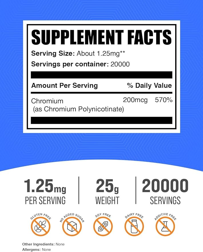 BulkSupplements.com Chromium GTF Powder - Mineral Supplements - Gluten & Yeast Free, 200mcg of Chromium, 1.7mg per Serving, 25g (0.88 oz) (Pack of 1)