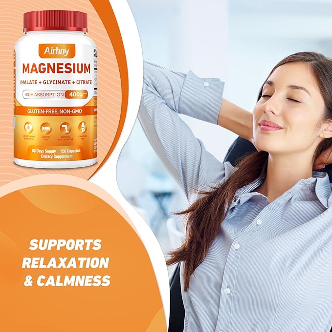 Airboy Magnesium Mineral Supplements Triple Magnesium Complex Supplement, 400mg of Magnesium Glycinate, Malate, Citrat, High Absorption Support Sleep, Muscle, and Relaxation,120 Vegan Capsules