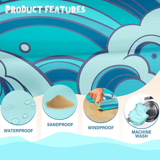 Beach Blanket Waterproof Sandproof 1-7 Adult Oversized 78 '' × 81 '' Lightweight Durable Compact Sand Free Beach Mat for Travel Camping Hiking Picnic Blanket Extra Large