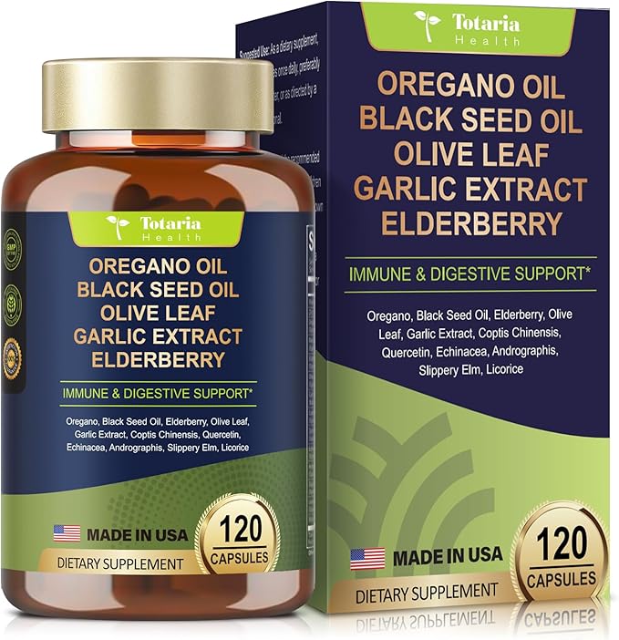 Oil of Oregano with Black Seed Oil Capsules High Absorption with Garlic,Olive Leaf,Quercetin,Black Pepper and More Supplement for Women and Men Immune Support Digestive Health 120 Counts