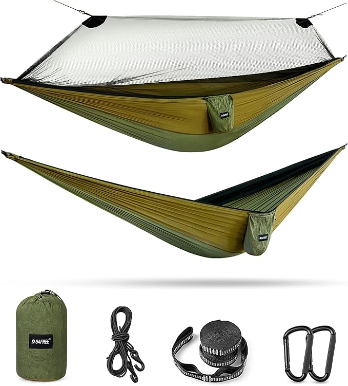 G4Free Large Camping Hammock with Mosquito Net 2 Person Pop-up Parachute Lightweight Hanging Hammocks Tree Straps Swing Bed for Outdoor Backpacking Backyard Hiking