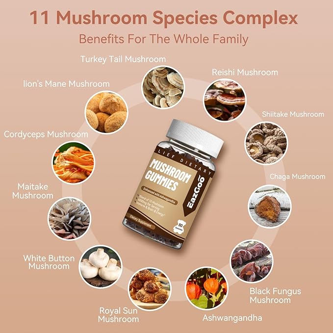 Mushroom Gummies Supplement - with Ashwagandha, Lions Mane, Shitake Mushrooms, Turkey Tail, Chaga, and Cordyceps Mushroom for Immune Health, Mood & Stress Support (90 Gummies)