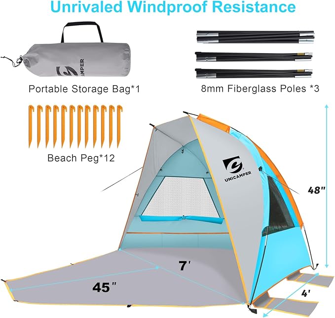 Beach Tent 2-3 Person Sun Shelter UPF 50+ with Extended Waterproof Pe Floor & 3 Mesh Roll Up Windows Fits, Portable Beach Shade Easy Setup for Outdoor Camping, Indoor, Fishing, Yard. (Blue)