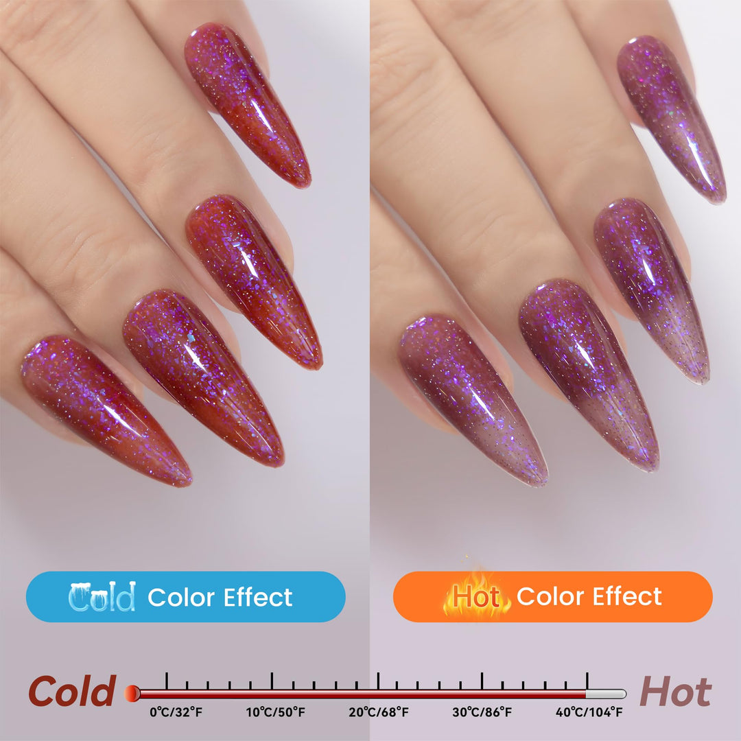 YTD Likomey Brocade Glitter Color Changing Gel Nail Polish,15ml Light Purple To Jujube Red Shimmer Mood Temperature Change Colors Iridescent Flakes,Spring Summer Thermal UV Nail Gel,WB340