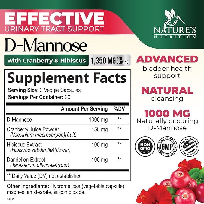 DMannose Pills with Cranberry 1350mg Advanced Formula - Effective Natural Bladder, Urinary Tract Health Support, Flush Impurities - D Mannose Supplements for Women & Men, Non-GMO, Vegan - 180 Capsules
