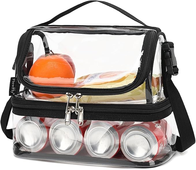 FlowFly Double Decker Cooler Insulated Lunch Bag Large Tote for Boys, Girls, Men, Women, With Adjustable Strap,Clear